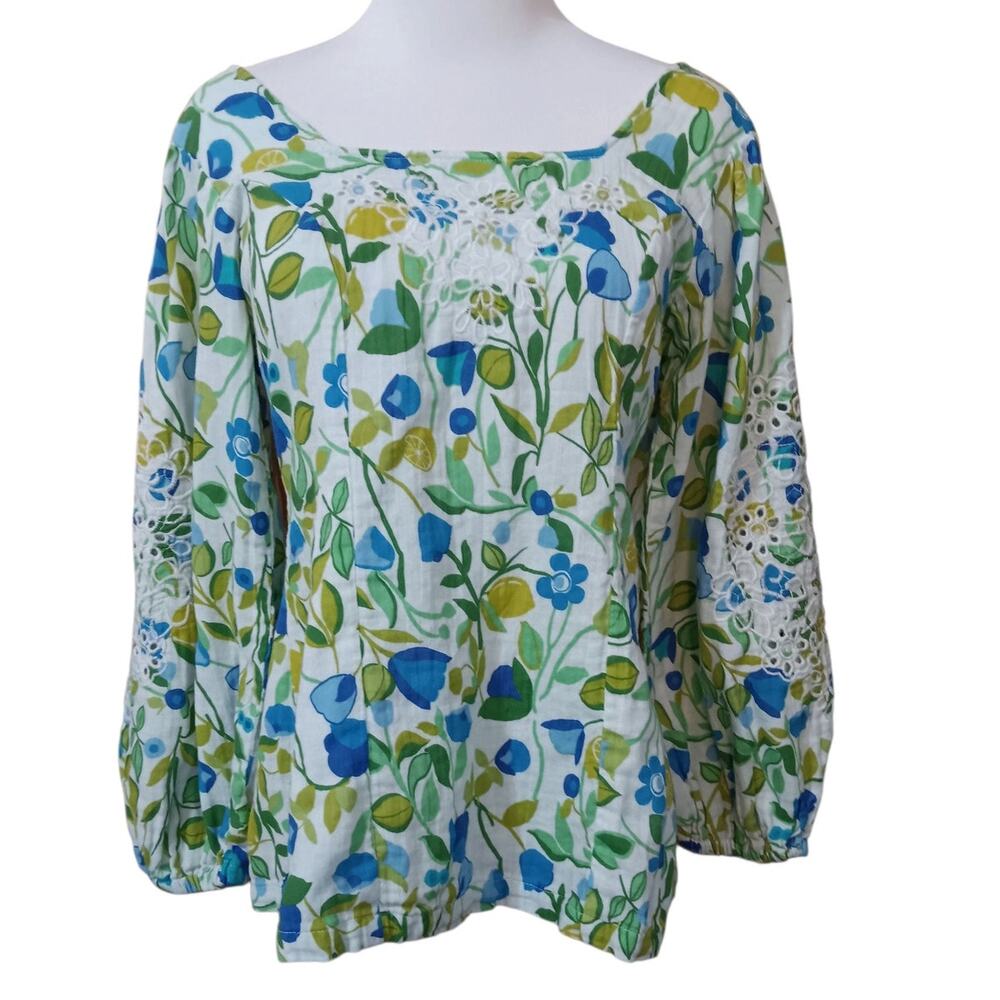 SUSAN GRAVER PURA Smocked Square Neck Blouse XXS Boho Cottage Floral Crochet‎